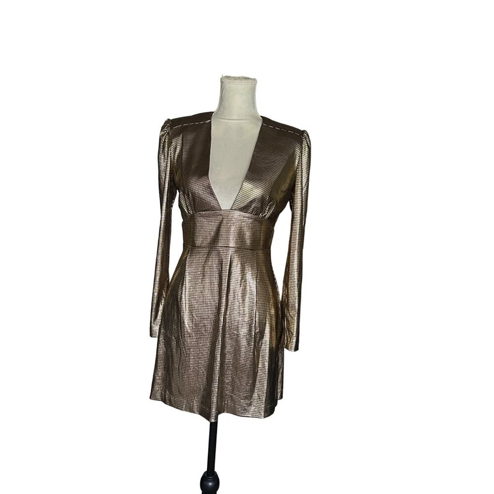 Roberta Bacarelli  Abito Blanch Gold Metallic Long Sleeve Mini Dress V-Neck Sz M